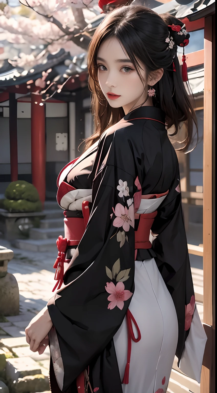 Japanische Landschaft、trägt einen schwarzen Kimono、Der Kirschbaum