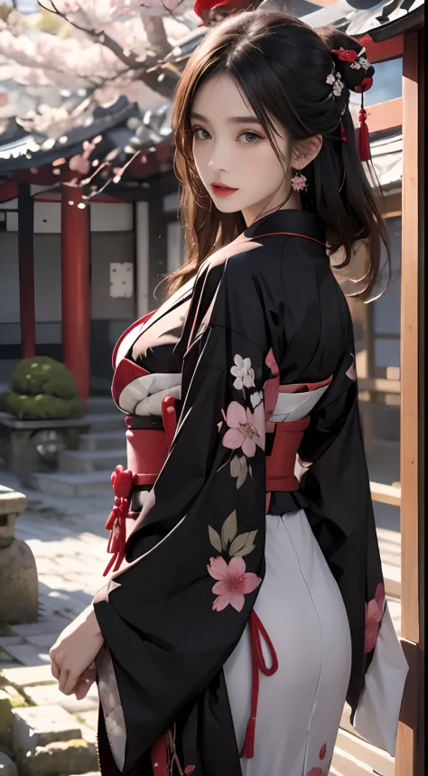 Japanese landscape、Wearing a black kimono、The cherry tree