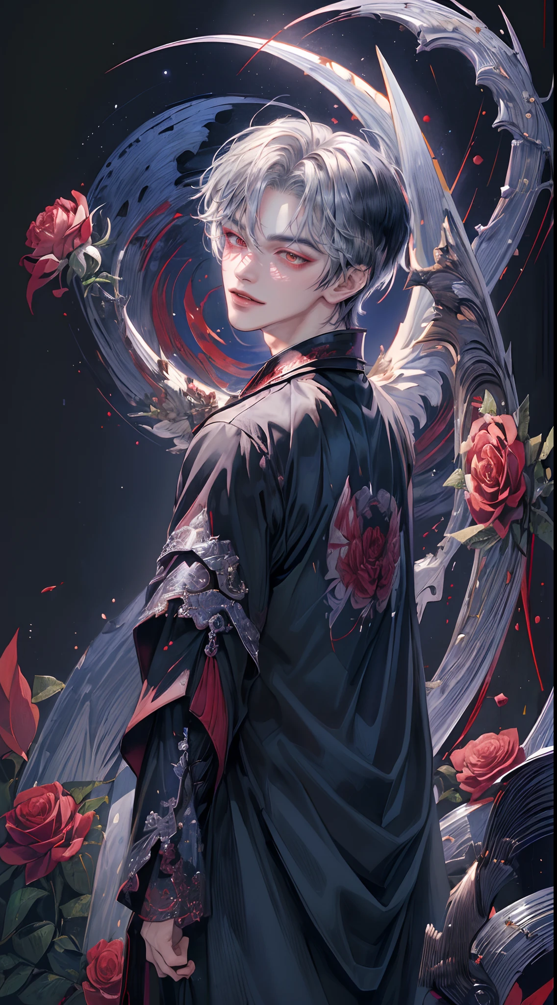 ((4K works))、​masterpiece、（top-quality)、((high-level image quality))、((One Beautiful Fallen Angel Man))、Slim body、((Vampire Black Y-Shirt Fashion))、(Detailed beautiful eyes)、((Red roses and crows on fantastic black background))、Inside the Evil Castle、((Face similar to Chaewon in Ruseraphim))、((short-haired))、(((bright silver hair)))、((Smaller face))、((Neutral face))、((Red Eyes))、((Korean Male))、((18year old))、((wild boy))、((Bad look))、((Show your teeth and smile))、((Korean makeup with black eyeshadow))、((elongated and sharp eyes))、((Shot alone))、((Fallen angels))、Photos of fallen angels、Villain、Dark Proof、((Shot diagonally from the side))、Fallen Angel Pose