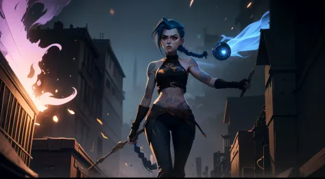 Overhead view, Like in a computer game, Jinx's character design, Dynamic movements, Standing Half-Sideways, stands on the edge of the roof, Fantasy City, City of Piltover, the night, explosions, fire, Smoke, sparks, Purple Flashes, sexypose, Beautiful figu...