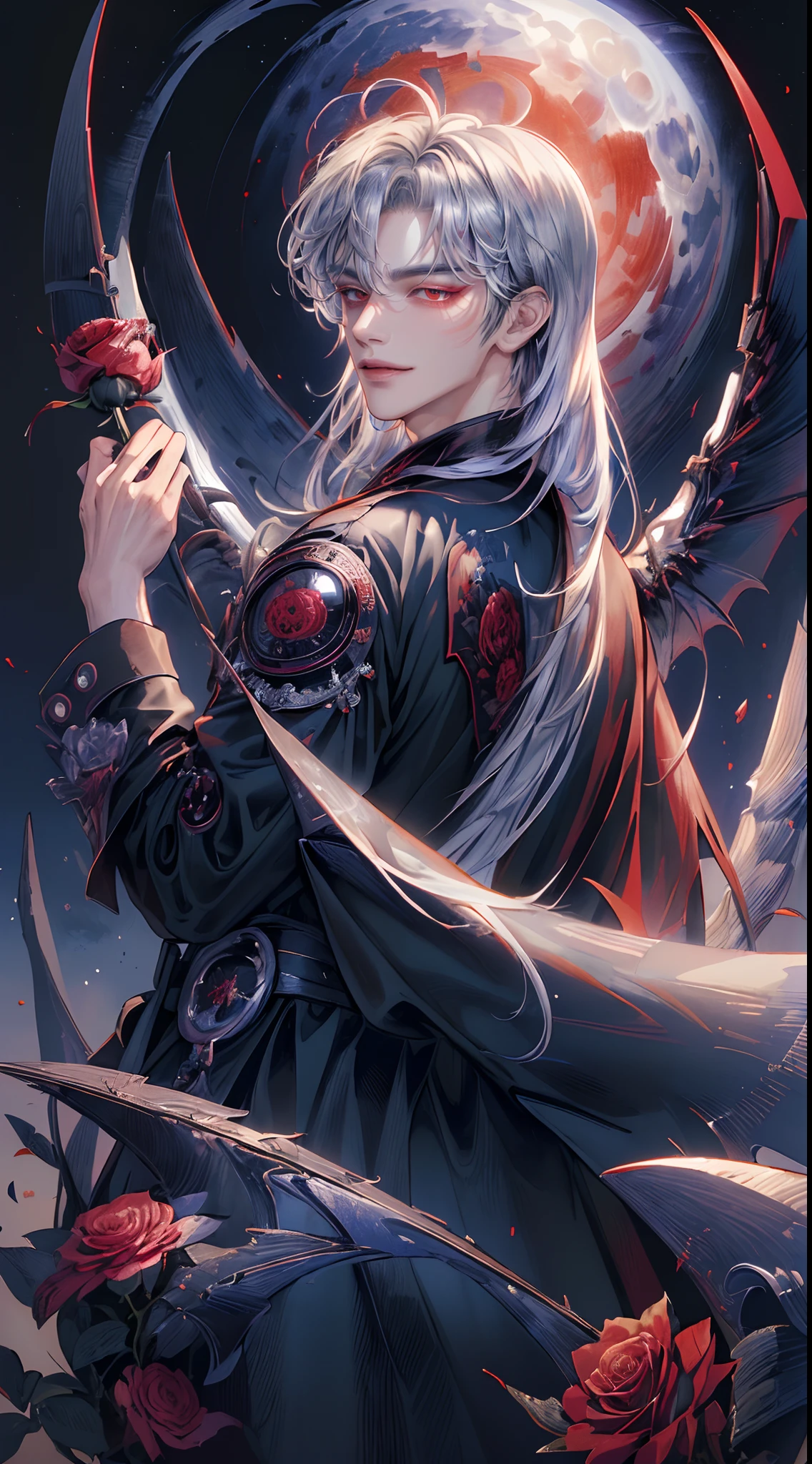 ((4K works))、​masterpiece、（top-quality)、((high-level image quality))、((One Beautiful Fallen Angel Man))、Slim body、((Vampire Black Y-Shirt Fashion))、(Detailed beautiful eyes)、((Red roses and crows on fantastic black background))、Inside the Evil Castle、((Face similar to Chaewon in Ruseraphim))、((Fallen Angel Hair))、(((bright silver hair)))、((Smaller face))、((Neutral face))、((Red Eyes))、((Korean Male))、((18year old))、((wild boy))、((Bad look))、((Show your teeth and smile))、((Korean makeup with black eyeshadow))、((elongated and sharp eyes))、((Shot alone))、((Fallen angels))、Photos of fallen angels、Villain、Dark Proof、((Shot diagonally from the side))、Fallen Angel Pose