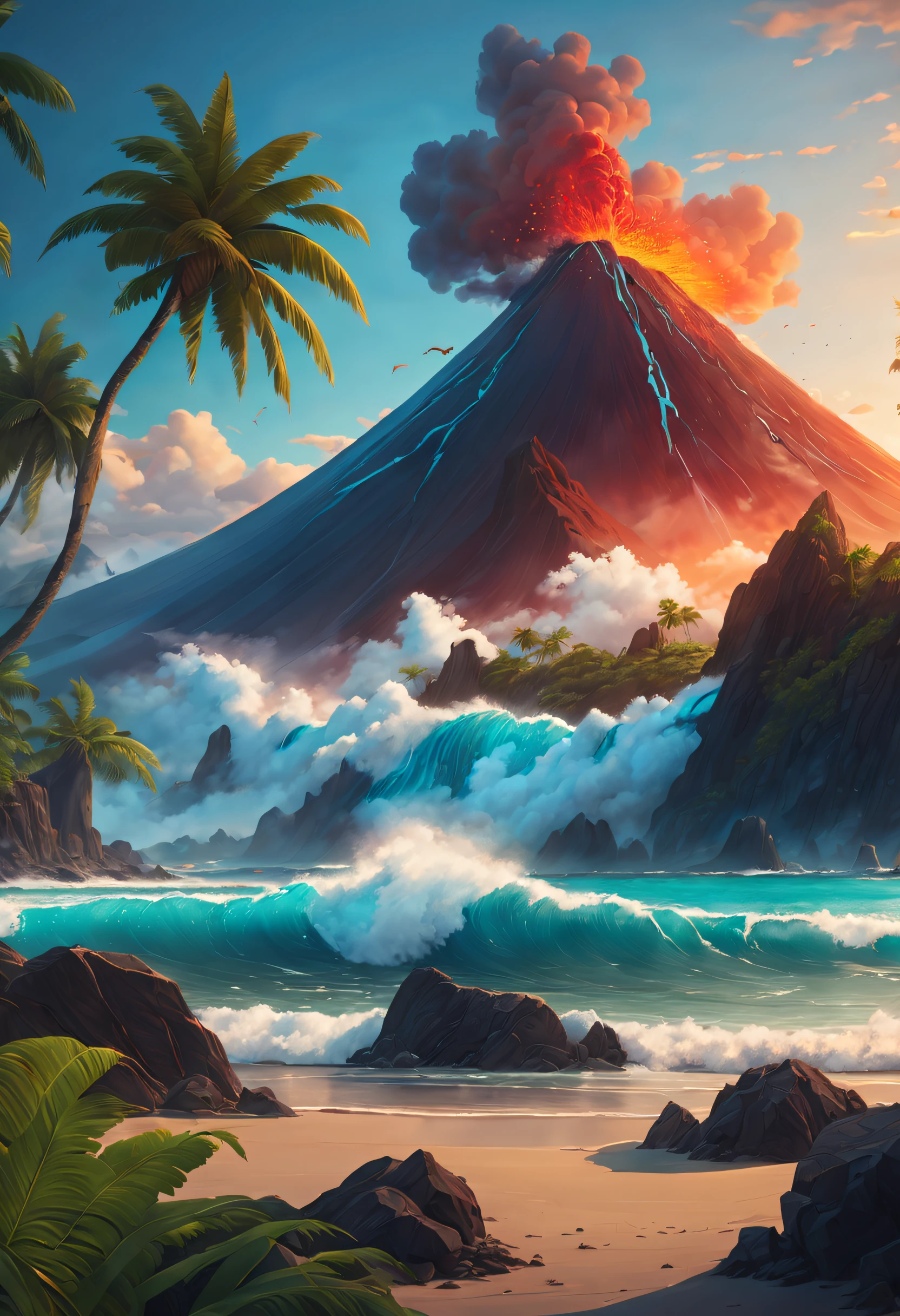 (best quality,4k,8k,highres,masterpiece:1.2),ultra-detailed,realistic,volcano,beautiful tropical island,smoking crater,lava flowing into the sea,steaming rocks,surreal landscape,dense vegetation,colorful birds,frothy waves,clear blue sky,vibrant sunset lighting,coconut trees swaying in the breeze,subtle reflections on the water,turquoise ocean,crimson clouds,dark volcanic ash,majestic peaks,pristine sandy beaches,tropical paradise,volcanic eruption,crashing waves,remote and untouched island,secluded and peaceful,serene atmosphere,far-reaching view,misty atmosphere,unique rock formations,magnificent natural beauty,hidden caves,unspoiled wilderness,isolation and tranquility,harmony between land and sea,awe-inspiring and breathtaking