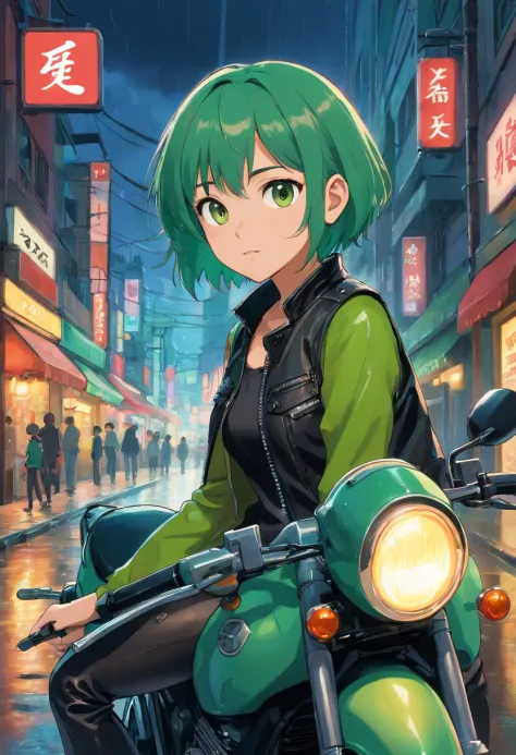 1girl, brown skin, short green hair, brown eyes, wearing black tank top, wearing black_green leather jacket, black leather pants, sitting on motorcycle, at night, black leather boots, city street, ground wet from rain, fall, night time, neon sign in backgr...