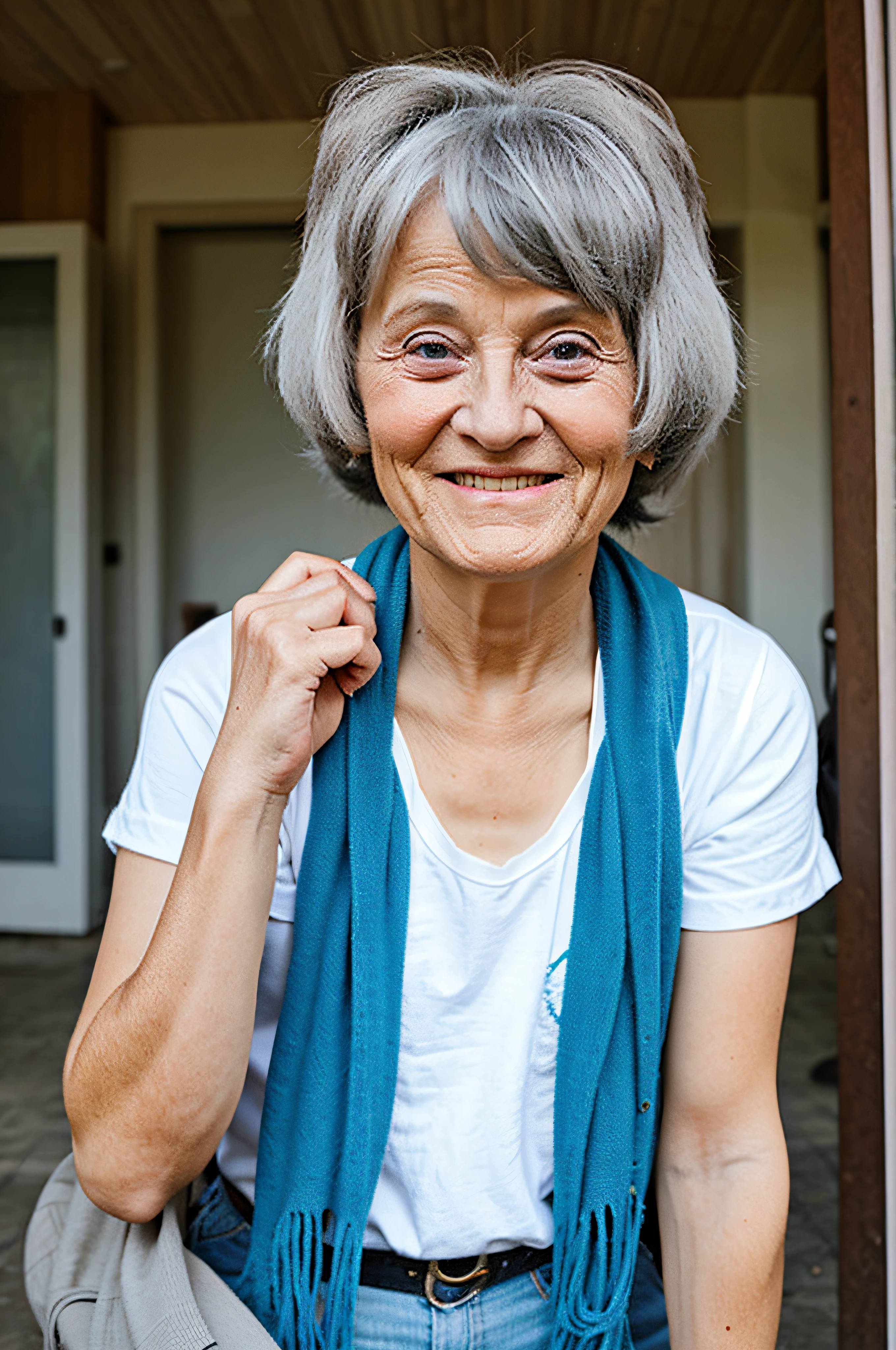 Smiling woman with gray hair and blue scarf standing in front of a door -  SeaArt AI