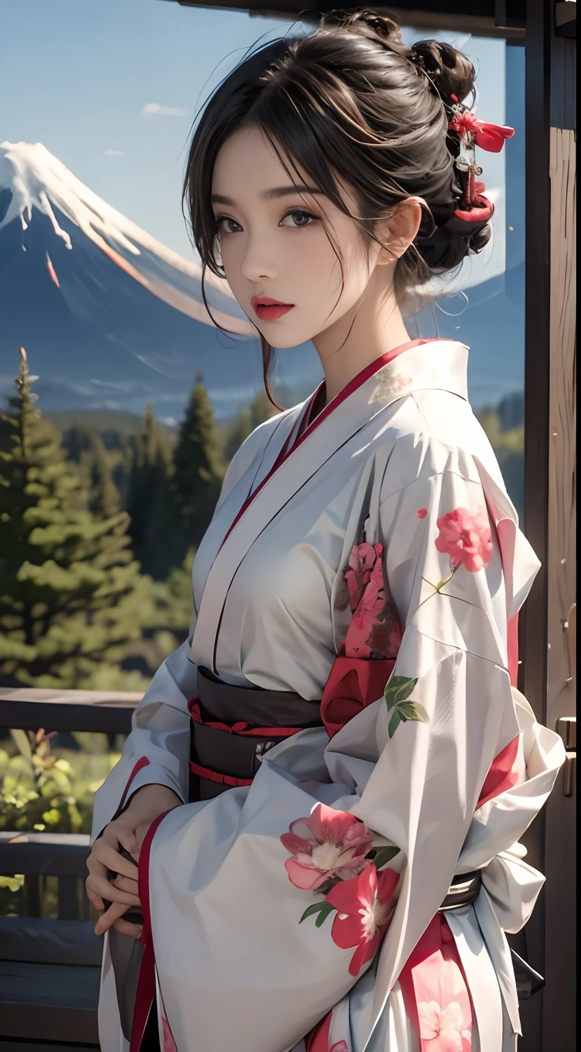 Monte Fuji、usando kimonos、