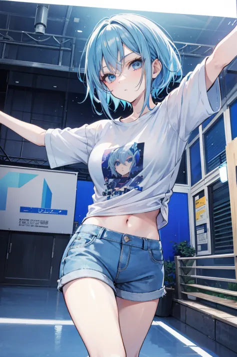 anime style pngtuber model, short light blue hair, blue eyes, ((casual clothing)), ((bust up)), dance practice, ((facing directly front)), light directs to the front of face
