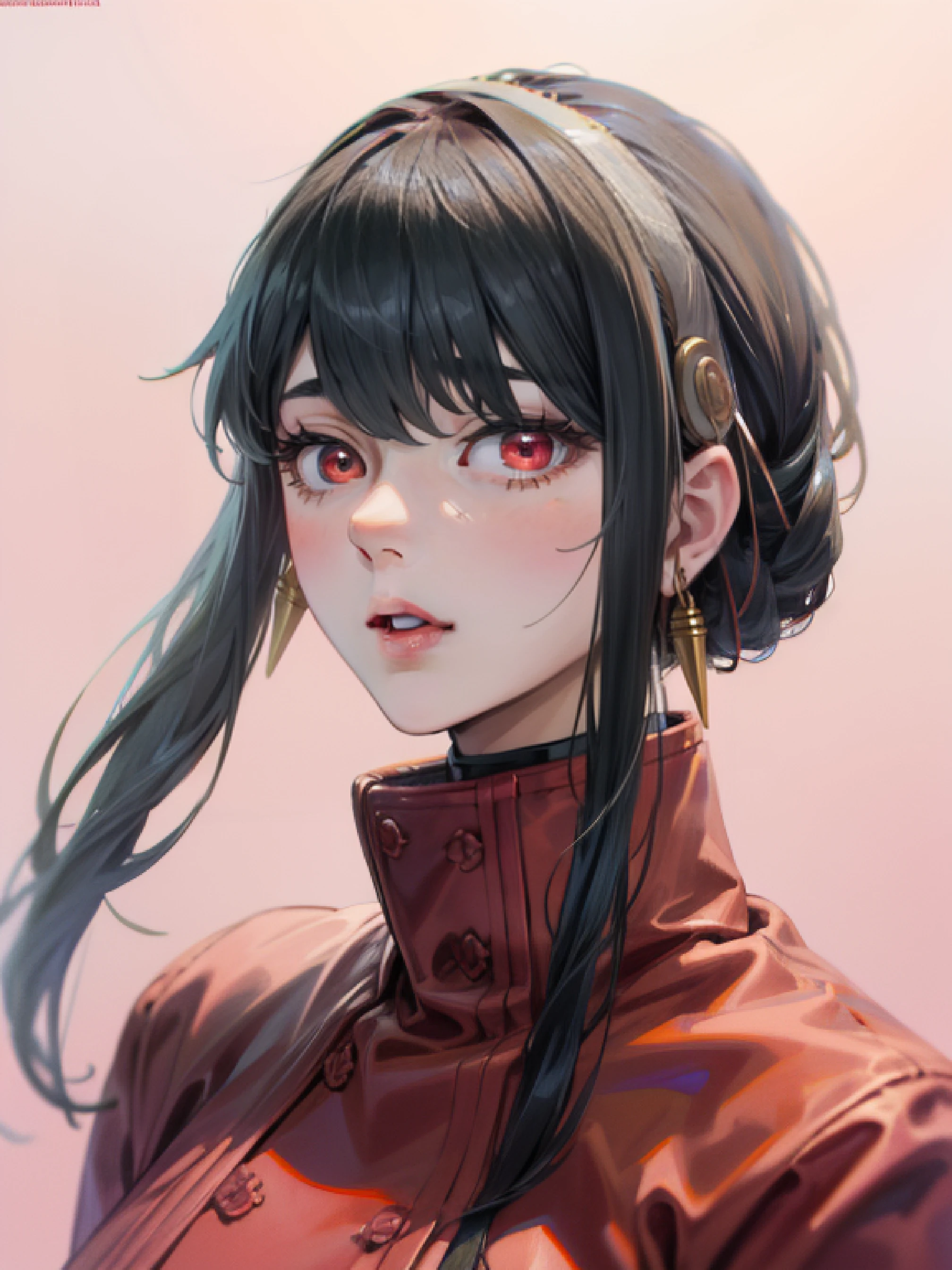 (Surreal), (Illustration), (High resolution), (in 8K), (Extreme Detail), (Best Illustration), (beautiful detail), (Best Quality), (masuter piece), (Wallpaper), ( Detailed face), Yor Forger、red eyes, pink fancy coat, Bullish appearance、 Realistic fantasy rendering, Realistic anime girl rendering, Full body portrait, (middle Breast: 1.4) popular in CGSTATION, 4K、highlight in eyes、PINK background, buttjob, , girl on top