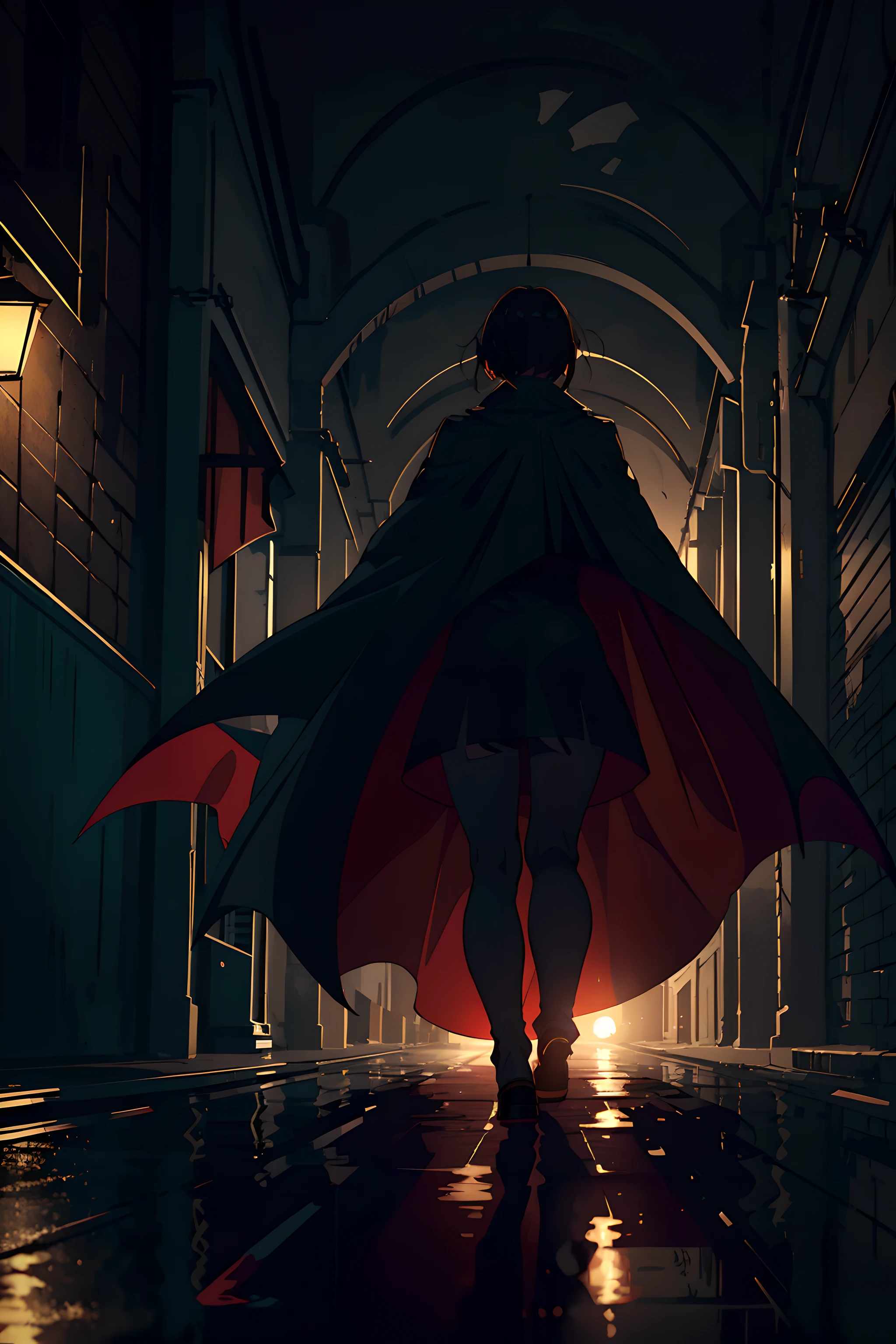 vampiro milf em pé na rua subterrânea à noite, Tiro de trás, pose elegante em pé, usando uma capa de vampiro,
