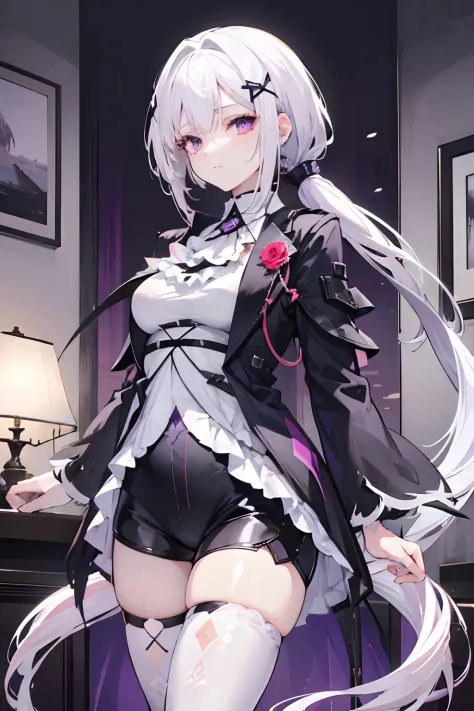 1girl, medium breasts, purple eyes, (((white hair))), hair ornaments, tall, young, outfit-gladiia, long hair, tied hair, indoors, black shorts, thigh-highs, low ponytail
