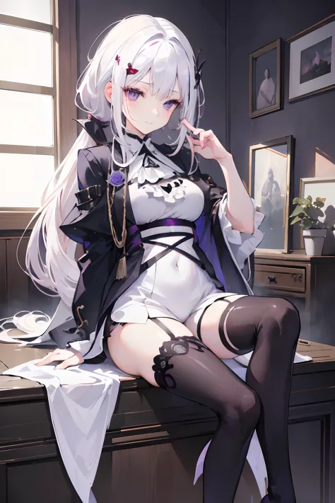 (masterpiece, best quality:1.2), illustration, 8k,hd, 1girl, medium breasts, purple eyes, (((white hair))), hair ornaments, tall, young, outfit-gladiia, long hair, tied hair, indoors, black shorts, thigh-highs, low ponytail, sitting, light smile