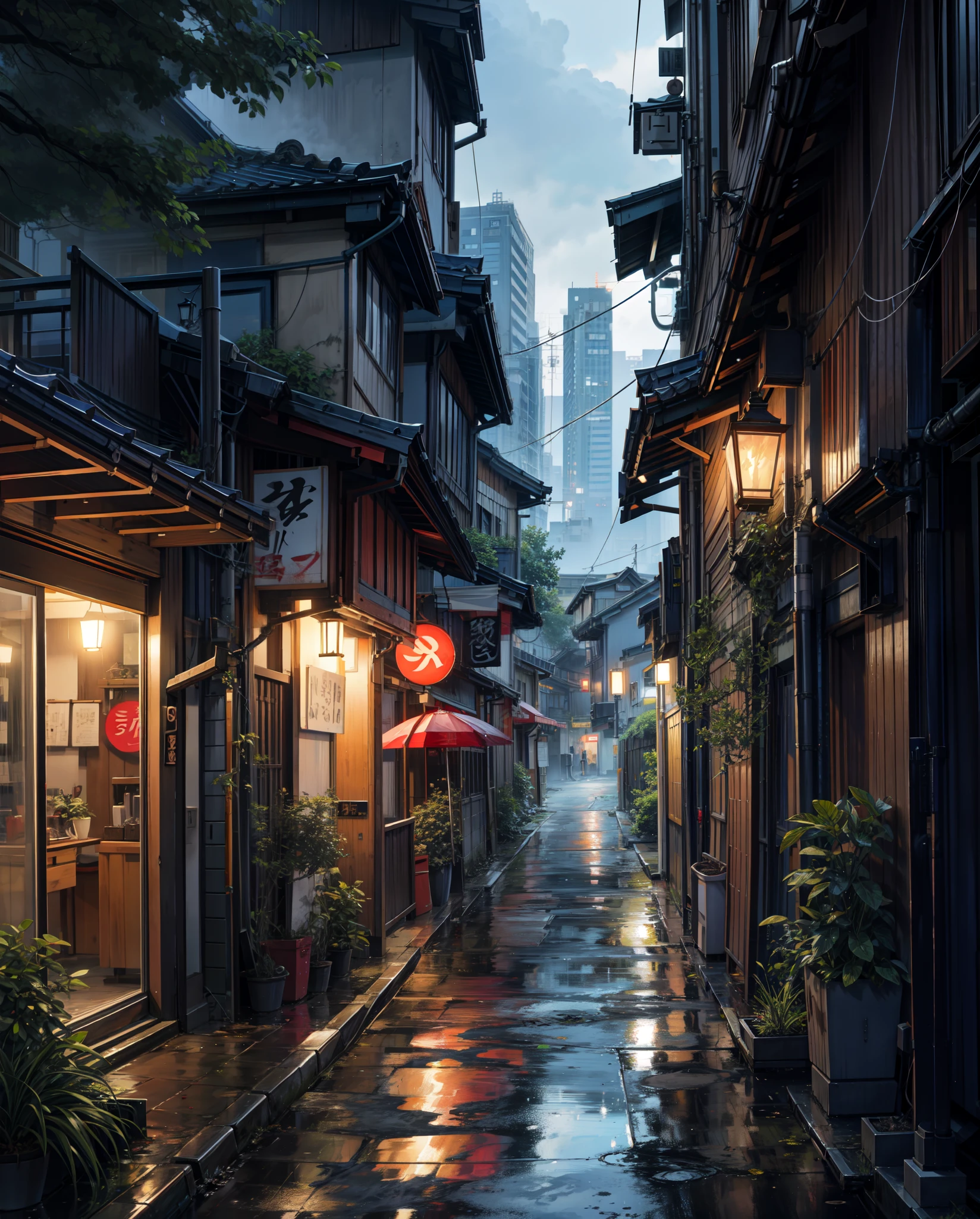 painting of a rainy time tokyo city, alleyway , beautiful scenery, rainfall,wet pavement ((glistening look)),hd, High quality, water reflection, bushes,4k hd, cloud,beautiful art uhd 4 k, a beautiful artwork illustration, beautiful digital painting, highly detailed digital painting, beautiful digital artwork, detailed painting 4 k, very detailed digital painting, rich picturesque colors, gorgeous digital painting