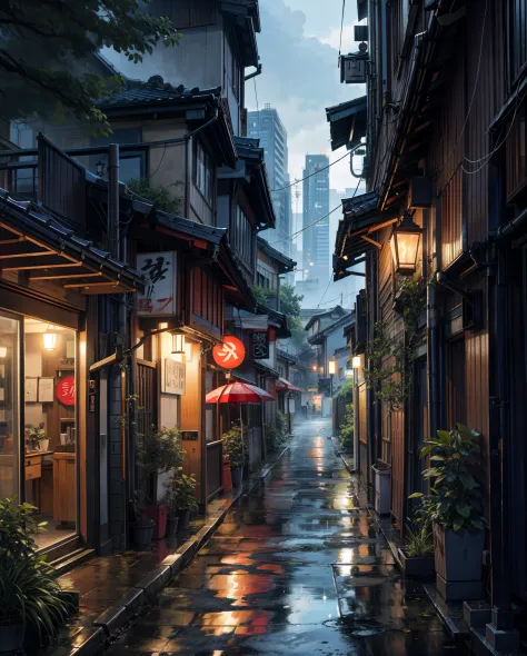 painting of a rainy time tokyo city, alleyway , beautiful scenery, rainfall,wet pavement ((glistening look)),hd, High quality, water reflection, bushes,4k hd, cloud,beautiful art uhd 4 k, a beautiful artwork illustration, beautiful digital painting, highly...