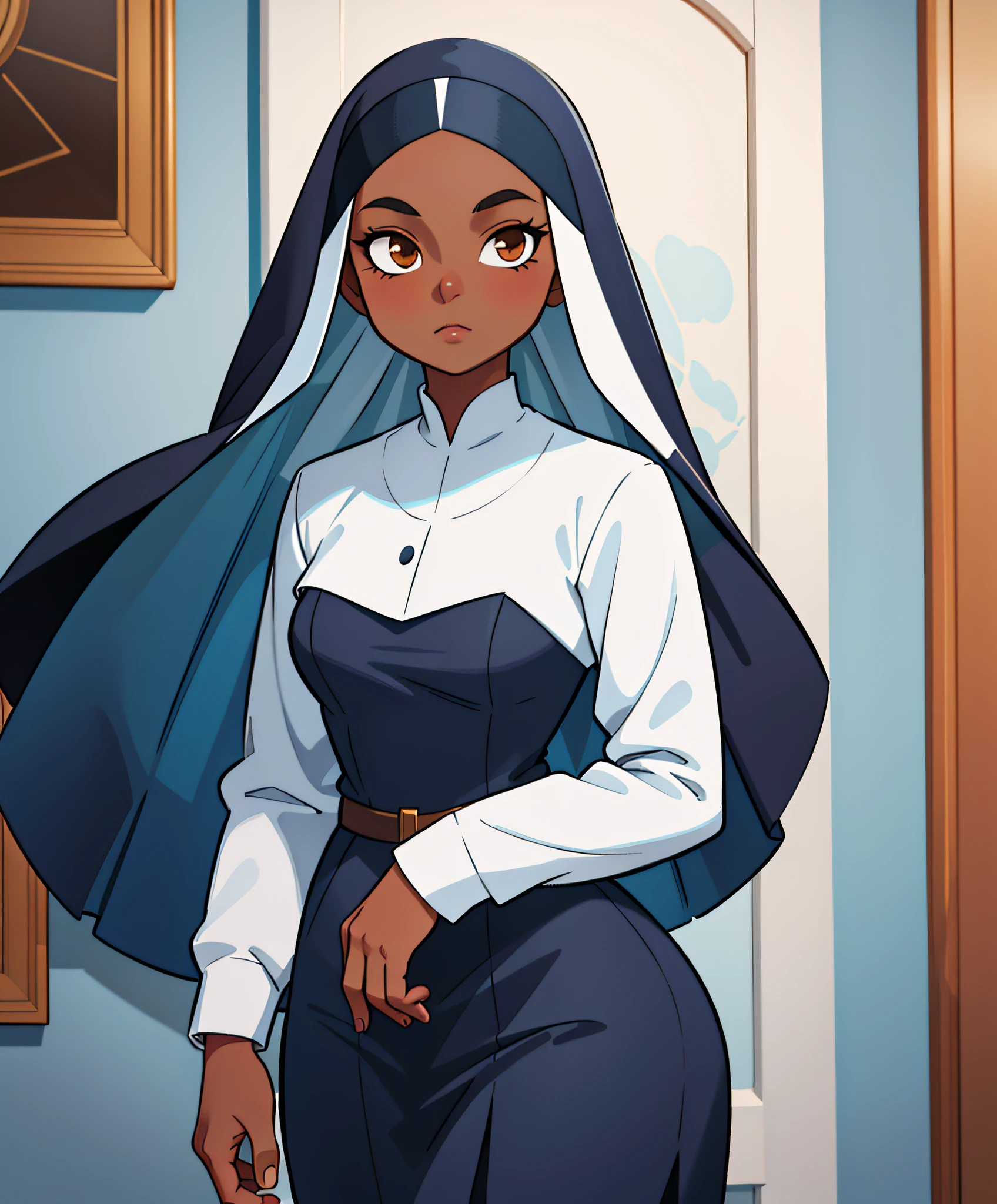 dark skinned woman wearing a nun outfit, anime aesthetic, beautiful, lovely, contrasting colors, polished image, art of Albert Lynch and Adam Hughes