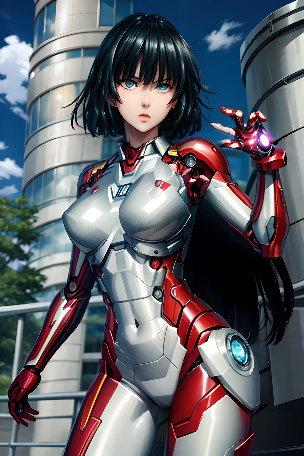 Fubuki, a sexy and attractive woman inspired by Iron Man with a shiny Iron Man robot. She dresses with sensuality and confidence, perfectly interpreting the strength and charisma of Iron Man.
