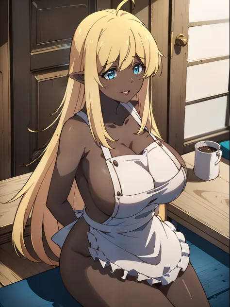 masterpiece, best quality, extremely detailed, 1girl, mature female, solo, (dark brown skin:1.6), halkara, ((huge breasts:1.2)), (((blonde_hair, long_hair, blue_eyes, pointy ears))), parted lips, (((naked apron))), light smile, (closed mouth), ((sitting on...