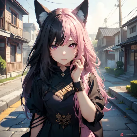 (best quality1.4)++, (masterpiece1.4)++, (detailed1.4)+, 1girl, fox girl, hlfcol haired girl with black and pink, punk style clo...