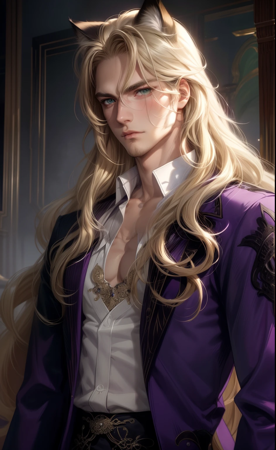 Purple coat, one male, cat ears, long hair, blond, blond hair, green eyes, tall, muscular, white shirt, beautiful face, highest quality, masterpiece, 2d, anime, perfect face, highest detail, feline eyes, stubble, cat tail, wavy hair, cowboy shot, detailed face, intricate details, blushing, nervous,