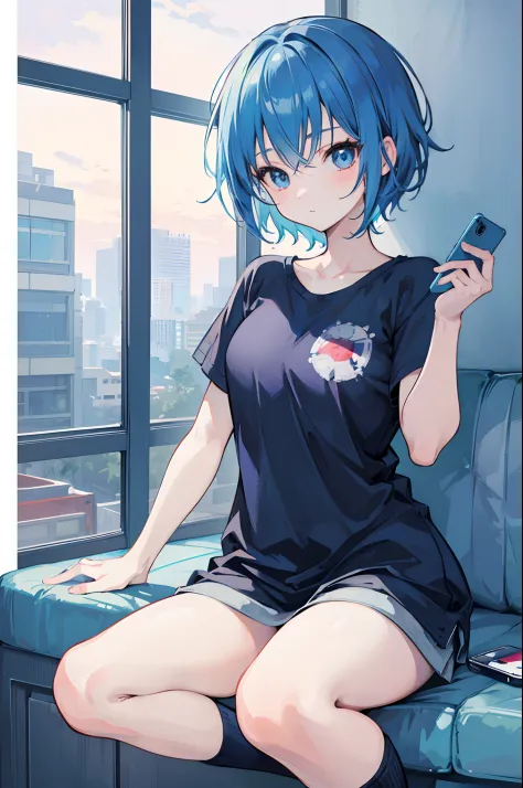 1 anime girl taking selfie with phone, fish eye background, casual clothing, light blue short hair and blue eyes, ((masterpiece, high quality)), thigh up shot, facing front