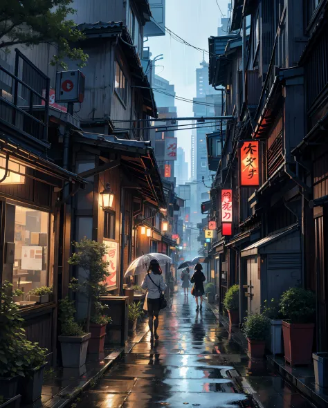painting of a rainy time tokyo city, alleyway , beautiful scenery, rainfall,wet pavement ((glistening look)),hd, High quality, w...