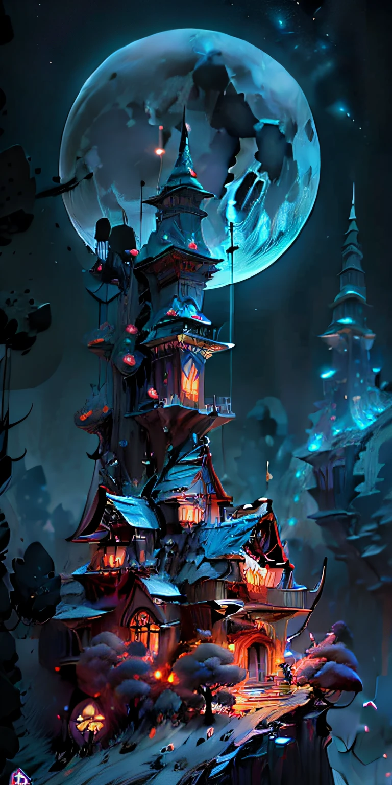 Illustration einer seltsam aussehenden Stadt mit einem riesigen Mond im Hintergrund, 3D-epische Illustrationen, 4K hochdetaillierte digitale Kunst, Detaillierte digitale 2D-Fantasy-Kunst, detaillierte Fantasie digitale Kunst, detaillierte Fantasieillustration, Detaillierte digitale Kunst in 4K, süße detaillierte digitale Kunst, hyperdetaillierte digitale Kunst, komplizierte digitale Malerei, rolands zilvinskis 3d render art