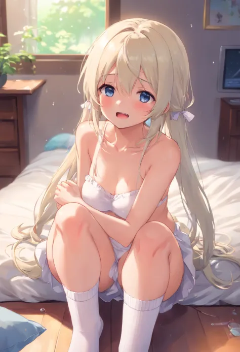 Cute loli，long whitr hair，Leaky shoulders，Barefoot，head looking up，Lie on the ground，Raise your feet， Naked. Clothing that exposes. baggy clothes.，White underwear panties，largeeyes，Anime cute face，Loli，Long white socks，Wet da，huge tit，Tethered，Eyes are con...