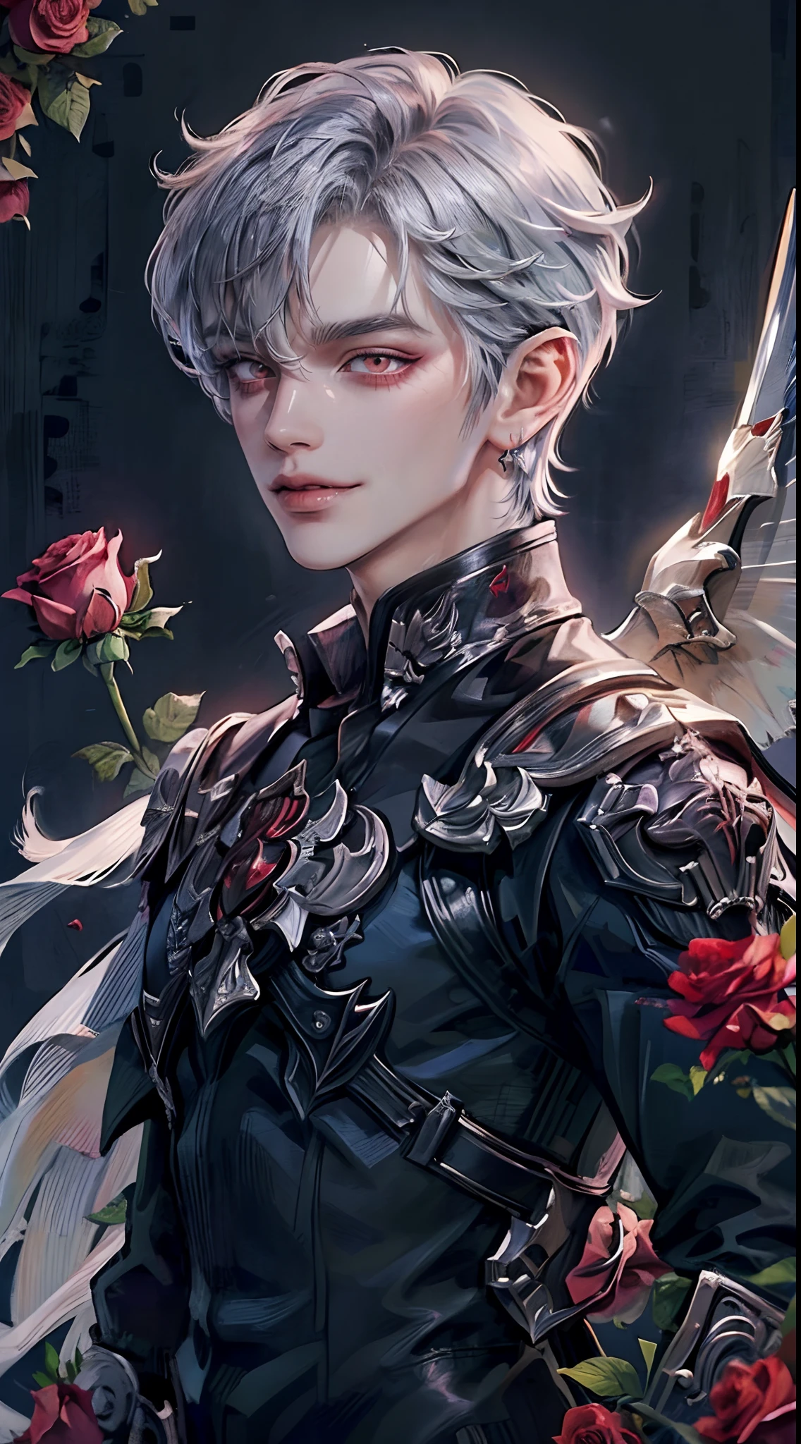 ((4K works))、​masterpiece、（top-quality)、((high-level image quality))、((One Beautiful Fallen Angel Man))、King of Fallen Angels、Slim body、((Vampire Black Y-Shirt Fashion))、(Detailed beautiful eyes)、((Red roses and crows on fantastic black background))、Inside the Evil Castle、((Face similar to Chaewon in Ruseraphim))、((Fallen Angel Hair))、(((bright silver hair)))、((Smaller face))、((Neutral face))、((Evil face))、((Red Eyes))、((Korean Male))、((50 years old))、((wild boy))、((Evil look))、((evil smile))、((Show your teeth and smile))、((Korean makeup with black eyeshadow))、((elongated and sharp eyes))、((Shot alone))、((Fallen angels))、Photos of fallen angels、Villain、Dark Proof、((Shot diagonally from the side))、Fallen Angel Pose