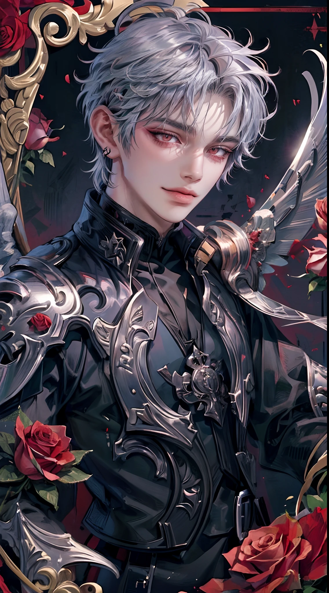 ((4K works))、​masterpiece、（top-quality)、((high-level image quality))、((One Beautiful Fallen Angel Man))、King of Fallen Angels、Slim body、((Vampire Black Y-Shirt Fashion))、(Detailed beautiful eyes)、((Red roses and crows on fantastic black background))、Inside the Evil Castle、((Face similar to Chaewon in Ruseraphim))、((Fallen Angel Hair))、(((bright silver hair)))、((Smaller face))、((Neutral face))、((Evil face))、((Red Eyes))、((Korean Male))、((50 years old))、((wild boy))、((Evil look))、((evil smile))、((Show your teeth and smile))、((Korean makeup with black eyeshadow))、((elongated and sharp eyes))、((Shot alone))、((Fallen angels))、Photos of fallen angels、Villain、Dark Proof、((Shot diagonally from the side))、Fallen Angel Pose