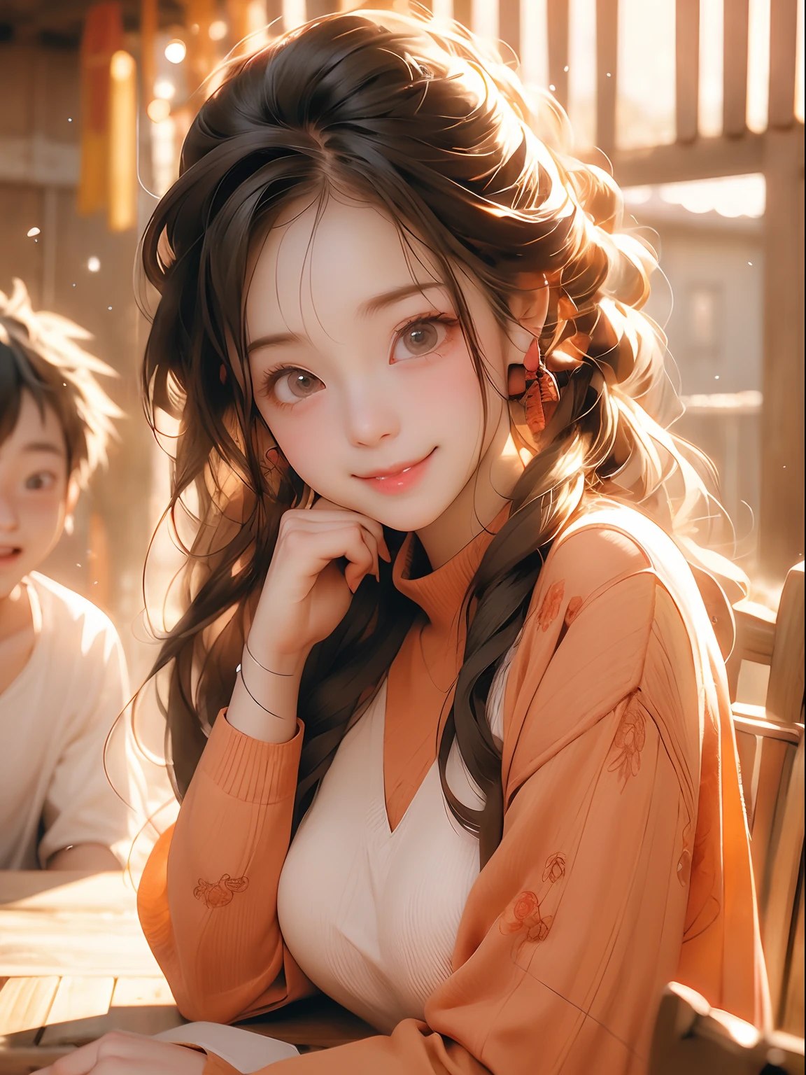 1 Junge und 1 Mädchen ,Anime-Paar mit großen Augen und rotem Pullover sitzt an einem Tisch, süßes Anime-Gesicht, süßer Ausdruck, extrem süßes Anime-Mädchengesicht, Süßes natürliches Anime-Gesicht, süße große Augen , lächelnd , Glück, große süße Augen, mit süßen, vernarrten Augen, süße detaillierte digitale Kunst, Schönes Anime-Gesicht