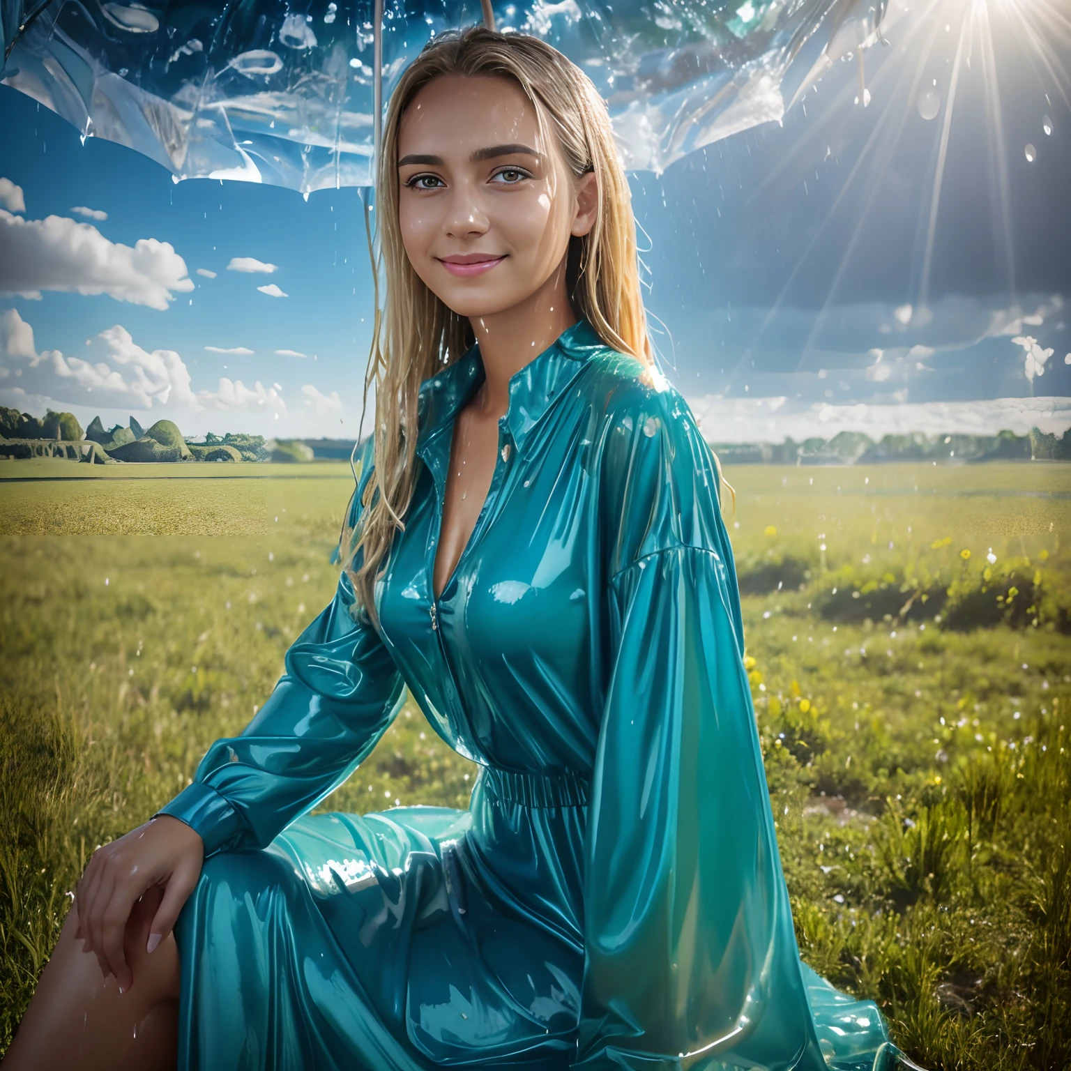a beautiful young american woman in the rain, dress, royal blue dress, sitting, green field, Style-Empire, (Style-Glass), (((surrealism))), full_body_shot, dramatic, backlit, light rays, volumetric lighting, detailed face, highly detailed, painting, wet skin, wet clothes, wet body, wet hair, drenched, soaked, blonde hair, perm, round face, looking at viewer, smile, glossy clothes, oily clothes, varied poses