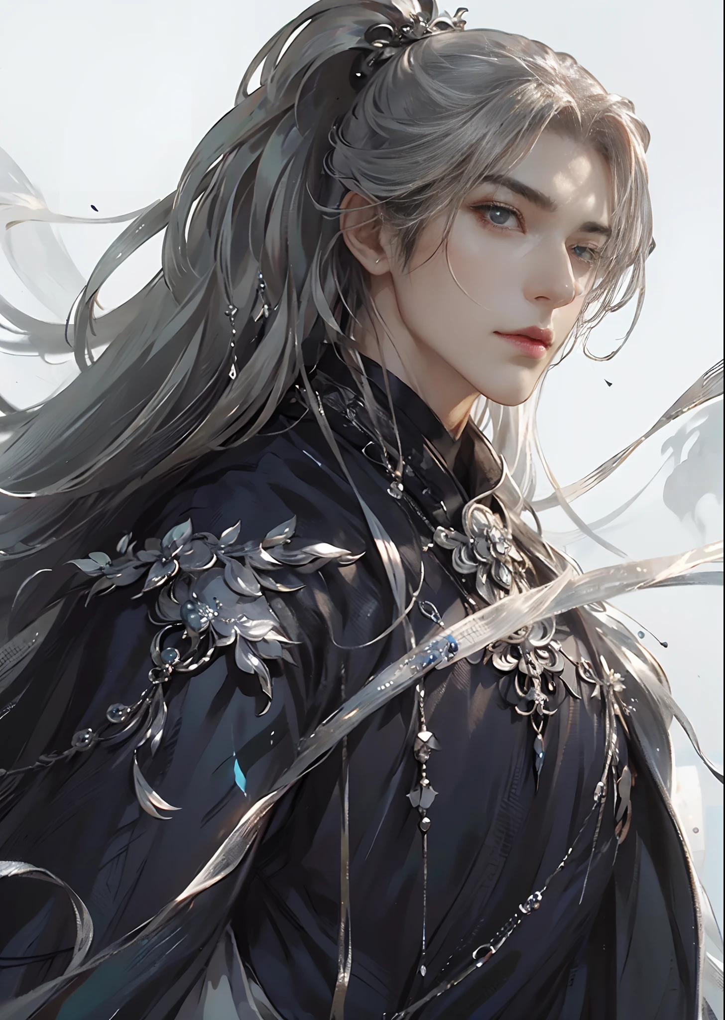 (extreamly delicate and beautiful:1.2), 8K, (tmasterpiece, best:1.0), , (LONG_silver_HAIR_MALE:1.5), Upper body body, a long_haired male, cool and seductive, evil_gaze, wears white hanfu, and intricate detailing, and intricate detailing, finely eye and detailed face, Perfect eyes, Equal eyes, Fantastic lights and shadows、white room background、 Uses backlight and rim light