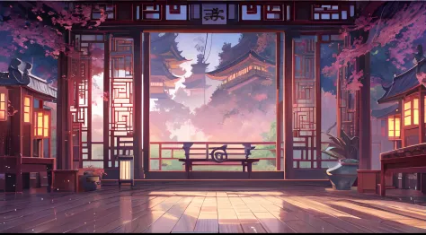 Anime scenery from the room with benches and windows, Anime background art, landscape artwork, anime backgrounds, Relaxing concept art, quiet and serene atmosphere, Detailed scenery —width 672, anime beautiful peace scene, background artwork, arte de fundo...