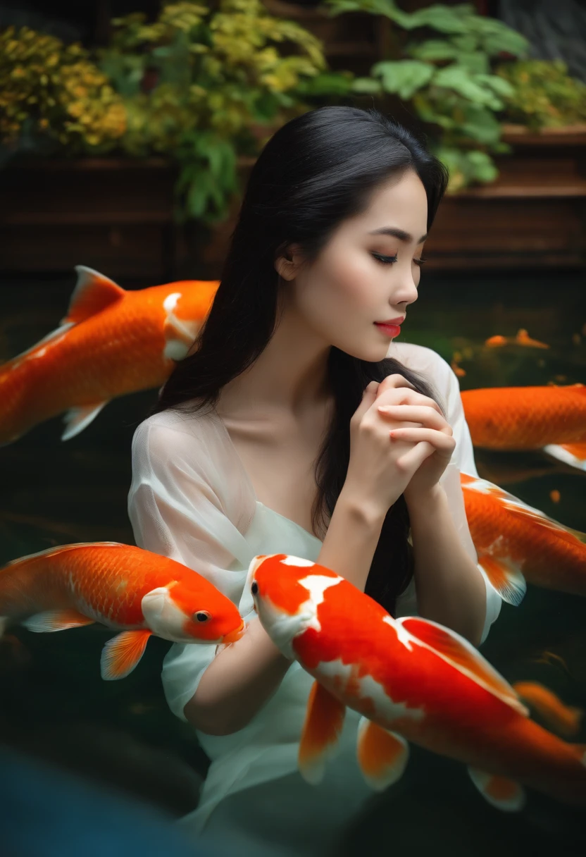 A woman in a white dress is surrounded by goldfish - SeaArt AI