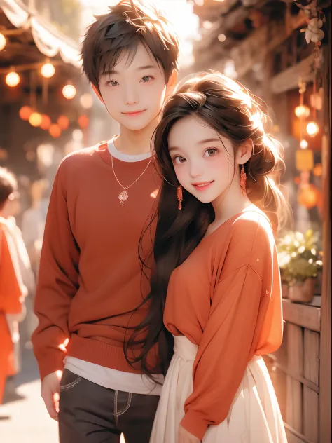 1 boy , 1 girl ,anime Couple with big eyes and a Red sweater , Shopping, smiling, happy, soft lighting, cinematic background