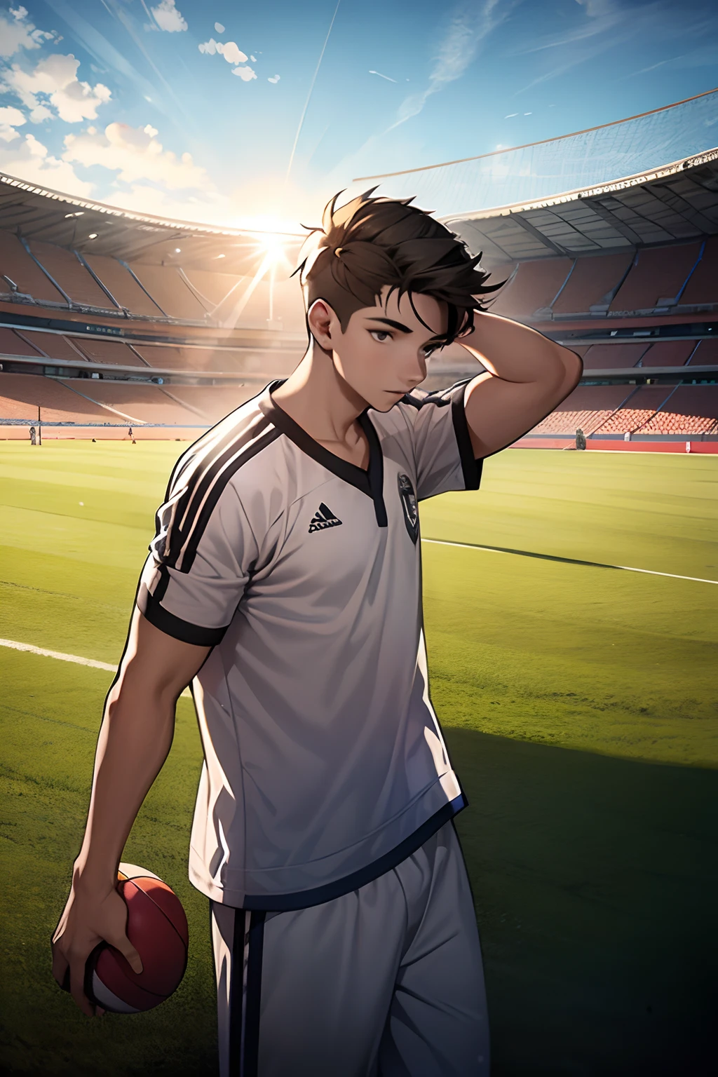 красивый пейзаж，Красивый мальчик играет в футбол，в белой рубашке，солнце светит，Панорамные фигуры，4k