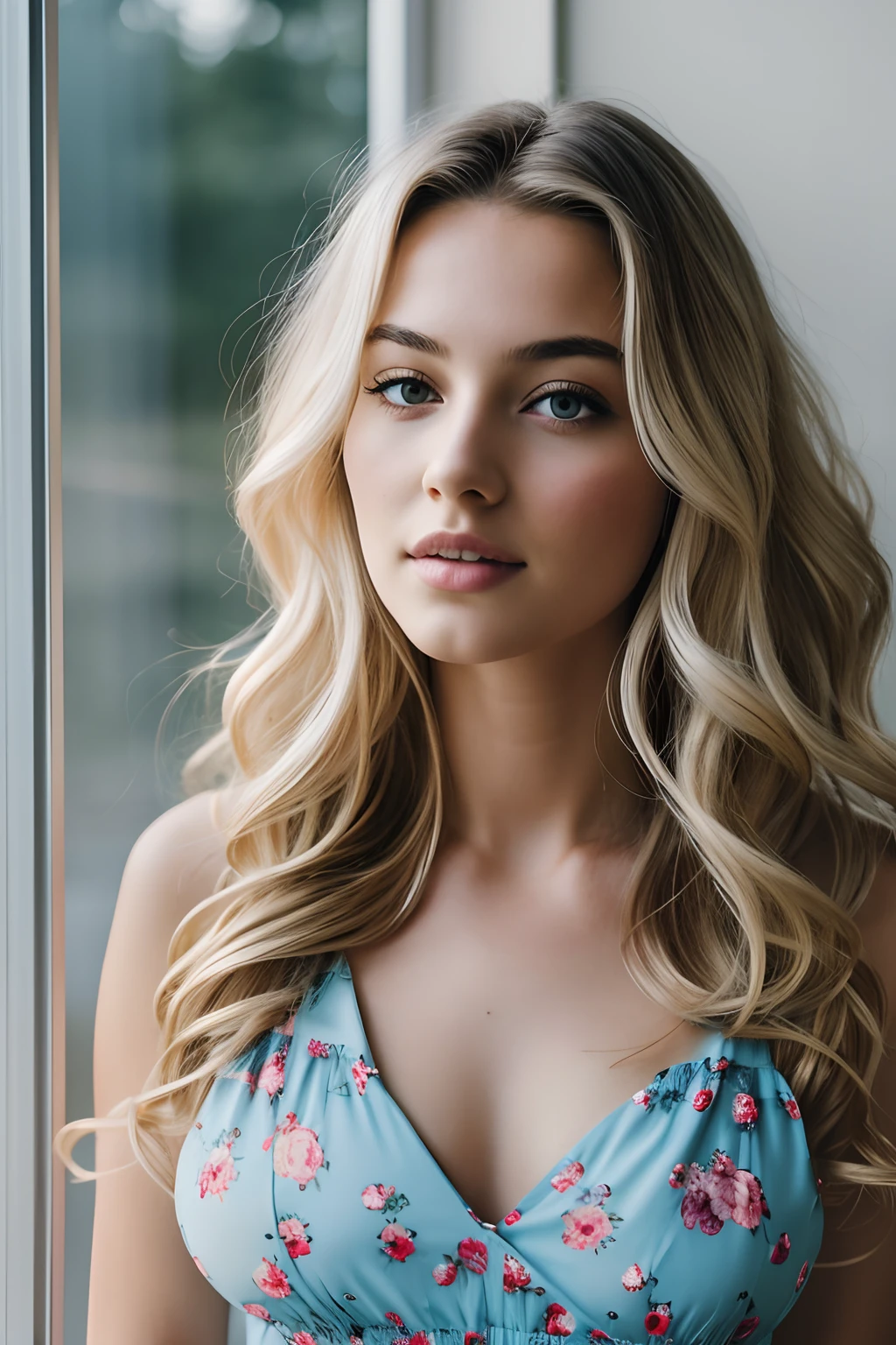 1girl in, age19, Solo, Long wavy hair, messy wind blown hair, blondehair, Full body, Colossal , facing viewer, a woman in a floral sun dress, in light blue clothes, instagram model, looking out window, (extremely detailed 8k wallpaper), mood lighting, high quality, film grain, Fujifilm XT3 sharp focus, f 5.6, 50mm, High Detail, Sharp focus,(dark light), boudoir lighting, nighttime, (seductive), Realistic, crazy details, complex details, hyper detailed,