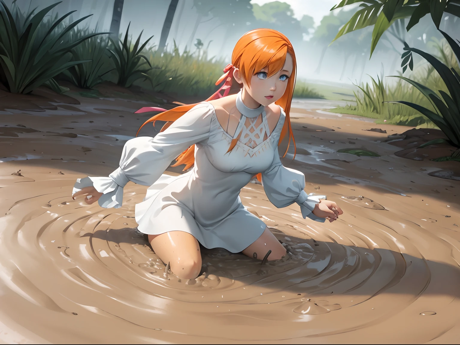 ryne, orange hair ribbon, white dress, upper body, movement stuck in a bottomless thick mud puddle, worried face, trying to get out, background: jungle swamp covered by thick fog