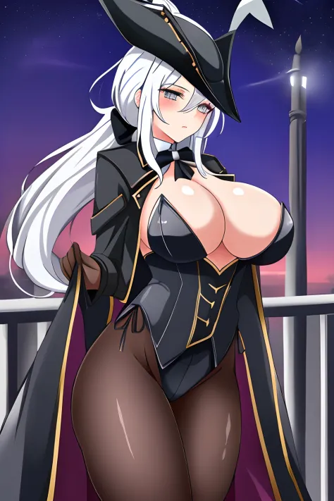 LadyMaria, 1girl, hat, tricorne, grey_eyes, white hair,  solo, ponytail, black playboy bunny suit, night, dark, busty breasts, outdoors, gothic, standing, pantyhose