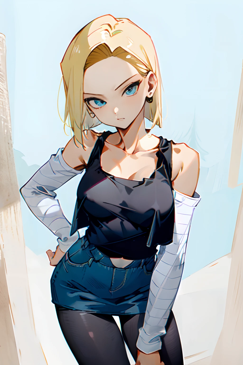 beste Qualität, highres, UND18, 1 Mädchen, android 18, Allein, blondes Haar, blaue Augen, kurzes Haar, Ohrringe, Schmuck, Jeanskleid, offene Weste, schwarze Strumpfhose, schwarzes Shirt, Jeansrock, gestreifte lange Ärmel, blauer Rock, mittlere Brüste, Cowboy-Schuss, Straße,  (Äußerlich erweiterte Brust:1.2), (trägerlos:1.2), weg von der Schulter, sind vorbei, Wald