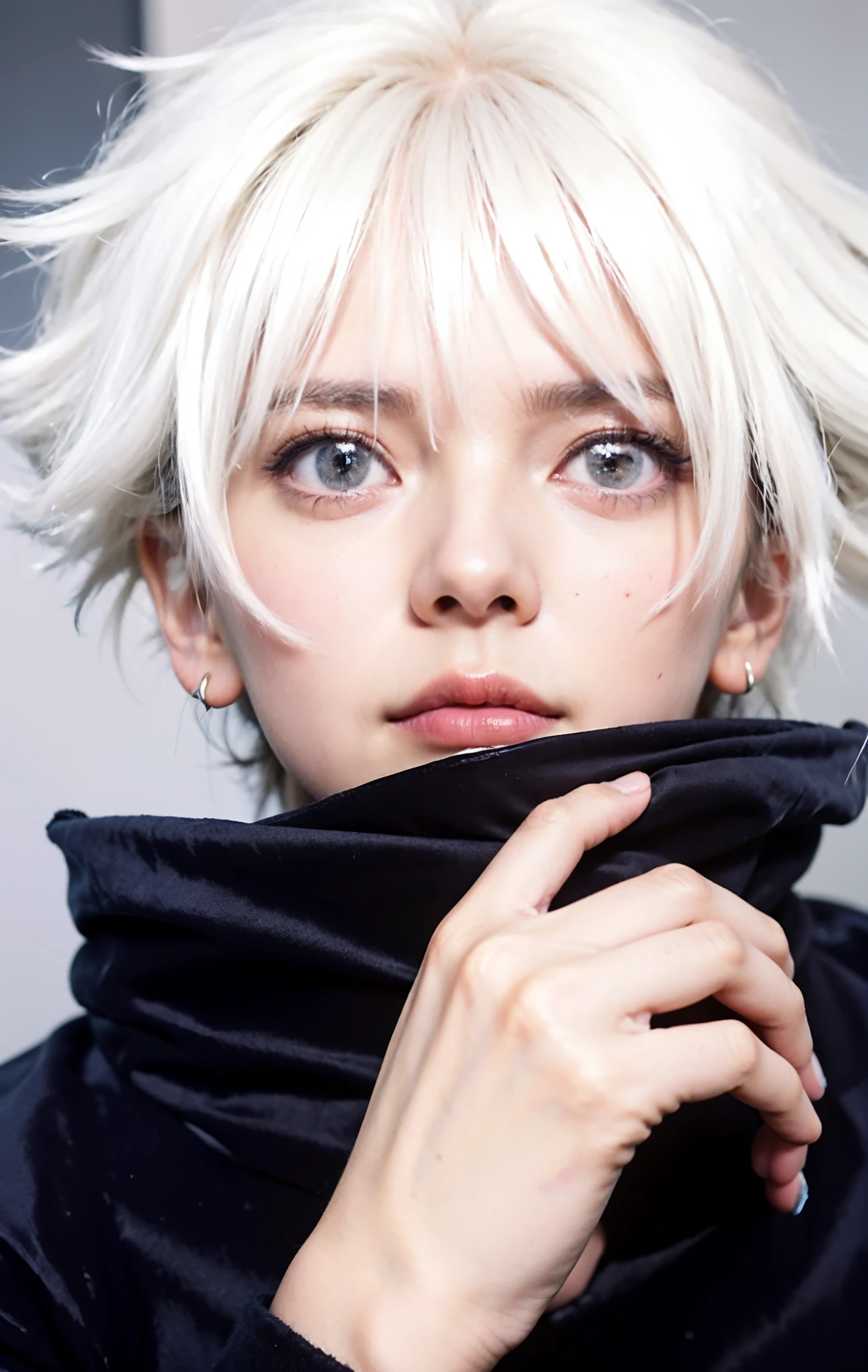 un gros plan d&#39;une personne aux cheveux blancs et aux yeux bleus, Killua Zoldik, Nagito Komaeda, Killua Zoldik black hair, Killua Zoldik portrait, Nagito Komaeda from danganronpa, un fou aux cheveux argentés, Kaneki Ken, Hajime Yatate, Kaworu Nagisa, image de haute qualité, chef-d&#39;œuvre, texture de cheveux détaillée, texture de peau détaillée, Texture de tissu détaillée, 8k, ajouter des détails de tissu, ultra texture de peau détaillée, photo ultra détaillée, pores de la peau, détails en tissu, Détails de peau élevés, détails de cheveux réalistes