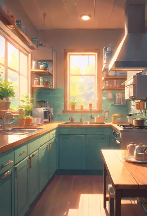 prompthunt: steampunk kitchen in the warm morning light, lush plants,  toaster, kettle, fridge, oven, sink, machines, beautifully lit, painting,  high resolution, trending on artstation