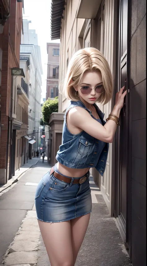 Best Quality, hight resolution, and18, 1girl in, Android 18, Solo, Blonde hair, Blue eyes, Short hair, cool expression，Wearing sunglasses，I don't have it in my hand，earrings, Jewelry, Denim Vest, open vest, Jeans miniskirt,  Blue mini skirt, tiny chest, Co...