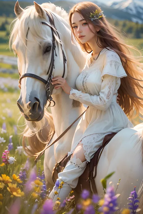 20-year-old girl with long hair, on a white horse, grass field, wildflowers, snow mountains..