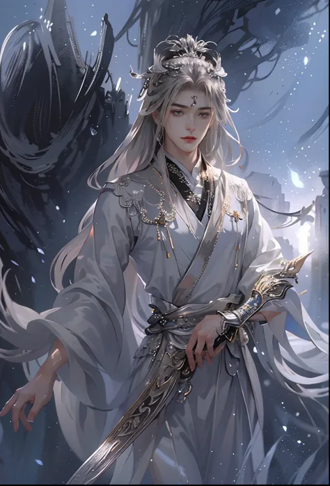 (extreamly delicate and beautiful:1.2), 8K, (tmasterpiece, best:1.0), , (LONG_silver_HAIR_MALE:1.5), Upper body body, a long_haired male, (Perfect symmetrical_eyes:1.3) cool and seductive, evil_gaze, wears white hanfu, and intricate detailing, and intricat...