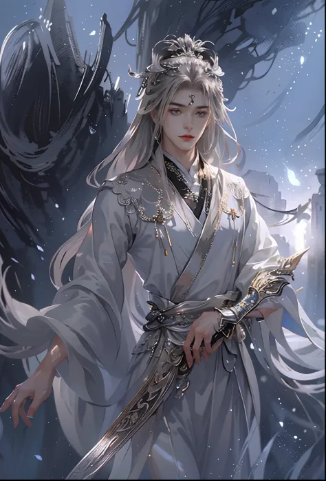 (extreamly delicate and beautiful:1.2), 8K, (tmasterpiece, best:1.0), , (LONG_silver_HAIR_MALE:1.5), Upper body body, a long_hai...