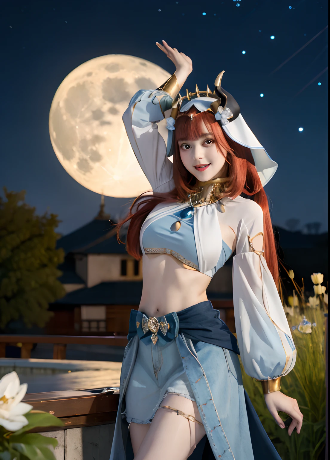 (Realistic painting style:1. 1), masterpiece, best quality, absurdres, nilou (neither flower nor mist) (genshin impact), aqua eyes, nilou (genshin impact), fake horns, 1girl, solo, red hair, veil, smile, moon, long hair, crop top, jewelry, horns, night, bracer, brooch, long sleeves, puffy long sleeves, looking at viewer, skirt, bangs, twintails, water, puffy sleeves, sky, neck ring, open mouth, :d, full moon, night sky, flower, harem outfit, gold trim, parted bangs, arm up, breasts, circlet, outdoors, blue skirt, hair ornament, detached sleeves, low twintails, floating hair, gem, hair flower, blue gemstone, hand up, dancer, white headwear, small breasts, stomach, midriff, cowboy shot, blue bow, very long hair