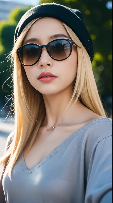 ((Day, Best Quality, 8K, Realistic)), Half Body: 1.4, Slender Abs: 1.2, ((Long ash-blonde hair, Medium Breasts: 1.2)), (White long sleeves, Tight short pants, Tone sunglasses, Swag black beanie, Off_shoulder, Walking: 1.1), (Outdoor, Side road, Realistic s...