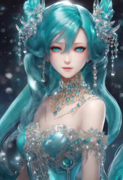 miku hatsune,Her hair color is made of glass,Her dress is studded with jewels。