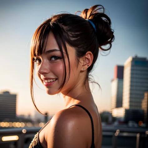 Portrait photo of a young european girl, (laughing:0.7), posing, look at a camera, pink ponytails hair, complex city background,...