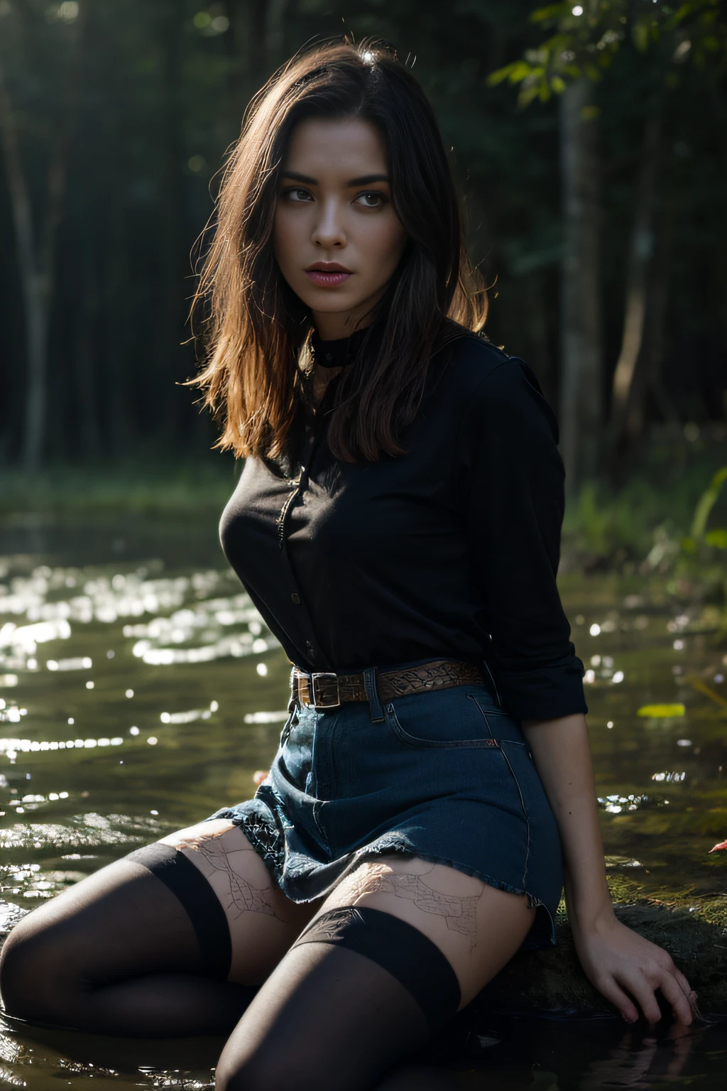 (Best Quality,hight resolution:1.2),The woman,Expressive wrinkles,Bob haircut,jeans skirt,blouse,(dark lace stockings with garters), ( drowning in a swamp:1.2),Detailed eyes and face,expression of despair,Dark and moody lighting,ominous vibe,desperation,(Imminent Doom:1.1), Psychological thriller, (Meanders:1.3)