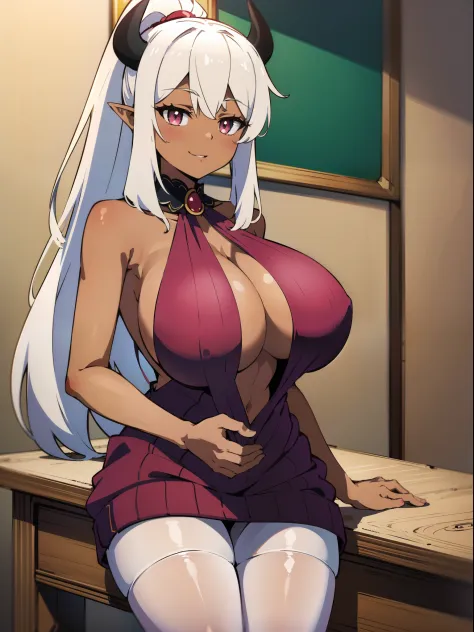 masterpiece, best quality, extremely detailed, 1girl, mature female, solo, (dark brown skin:1.6), beelzebub, ((huge breasts:1.2)), (((white_hair, long_hair, ponytail, pink_eyes, slit pupils, pointy ears, demon_horns))), parted lips, (((virgin killer sweate...